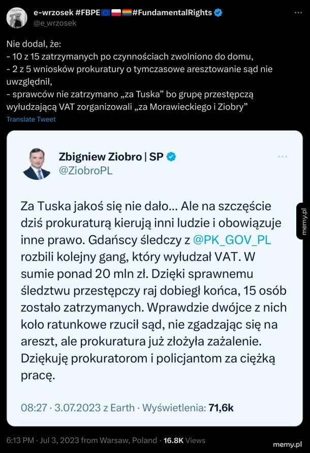 Ziobro w roli peta w dłoni pani Wrzosek