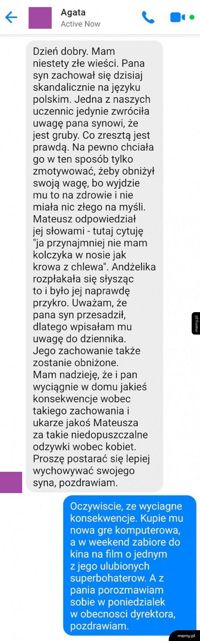 Wiadomość od nauczycielki