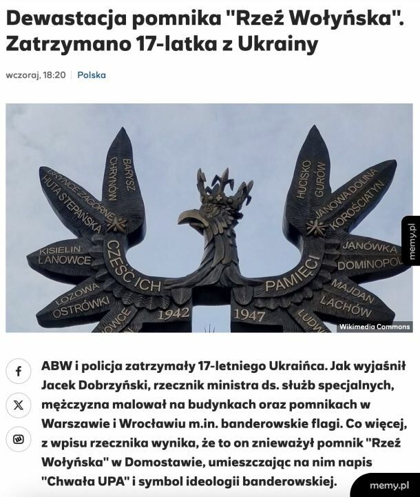 Dewastacja pomnika "Rzeź Wołyńska" - zatrzymano Ukraińca