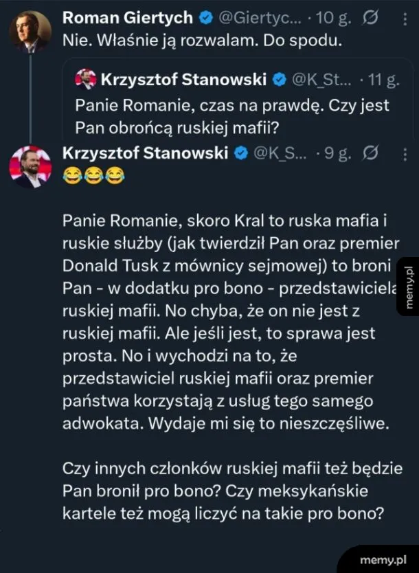 Zrzut ekranu z Twittera przedstawiający wymianę zdań między Romanem Giertychem a Krzysztofem Stanowskim.