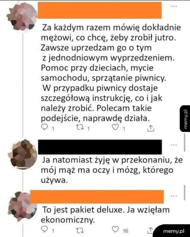 Zrzut ekranu z wpisami na Twitterze o komunikacji w małżeństwie i podziale obowiązków.