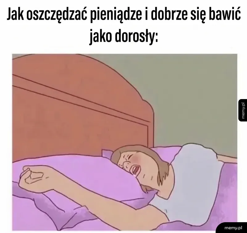 Osoba śpiąca w łóżku pod fioletową pościelą.