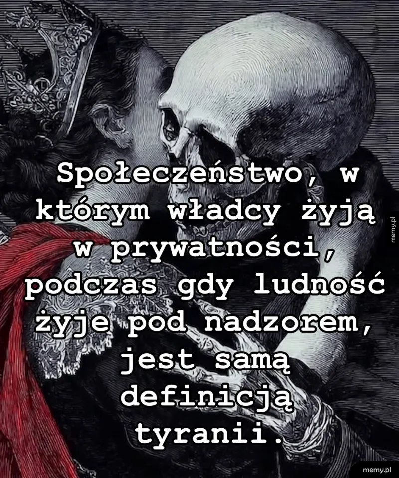 Rycina przedstawiająca osobę w koronie całującą się ze szkieletem.