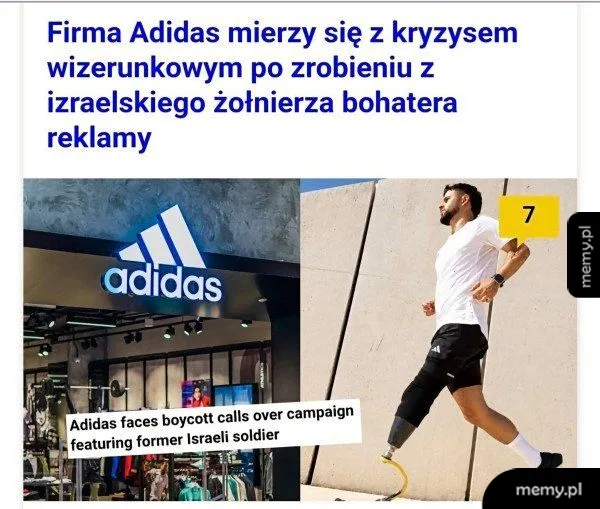 Mem dotyczący kryzysu wizerunkowego Adidasa z powodu reklamy z izraelskim żołnierzem.