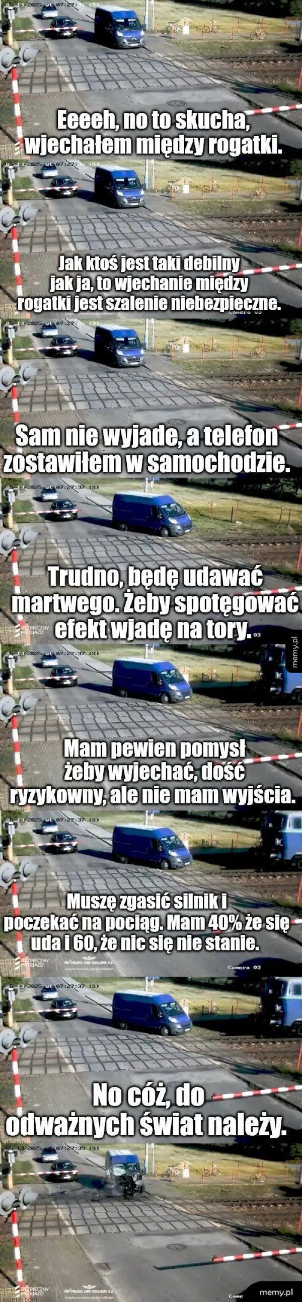 Komiks z monitoringu przejazdu kolejowego przedstawiający busa uwięzionego między rogatkami.