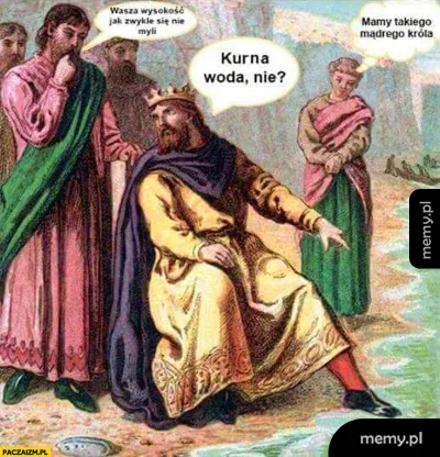 Król siedzący na plaży wskazuje wodę, a dworzanie komentują jego zachowanie.