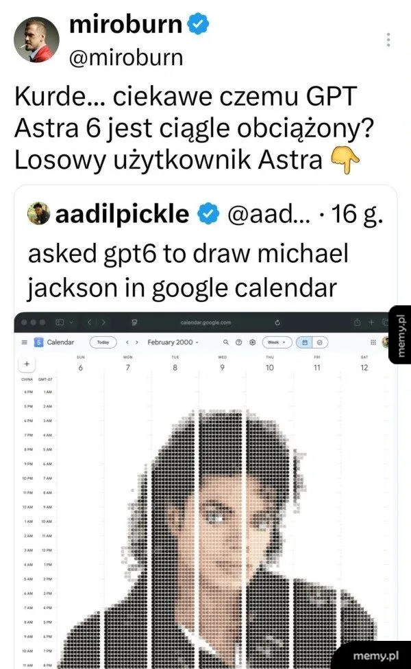Tweet o obciążeniu AI z grafiką Michaela Jacksona w kalendarzu