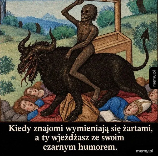 Śmierć i diemon jeżdżący na czarnej bestii po ludziach w stylu średniowiecznego malarstwa.