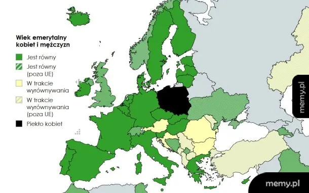 Mapa Europy przedstawiająca wiek emerytalny kobiet i mężczyzn z wyróżnioną Polską