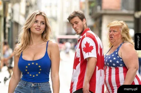 Mężczyzna w stroju Kanady ogląda się za atrakcyjną kobietą w koszulce UE, ignorując USA.