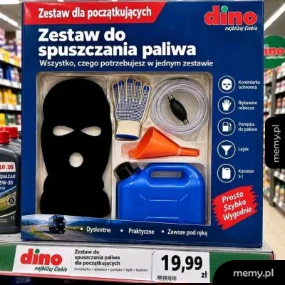 Zabawkowy zestaw do spuszczania paliwa z kominiarką w sklepie Dino.