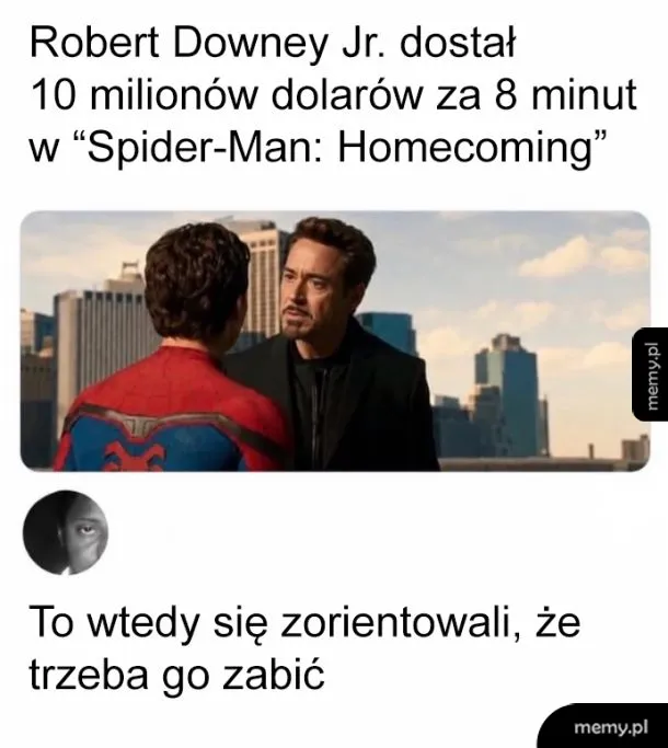 Kadr z filmu Spider-Man Homecoming i komentarz o zarobkach Roberta Downey'ego Jr.