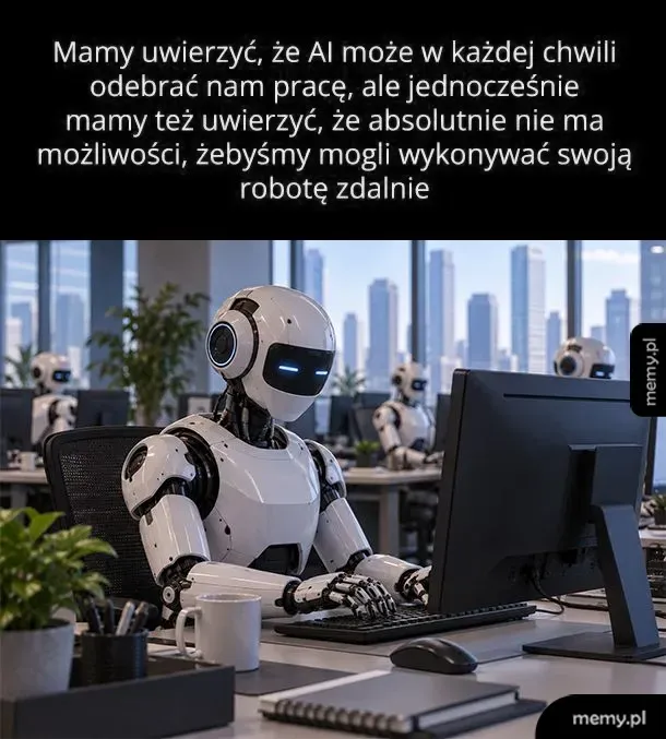 Biały robot pracujący przy komputerze w biurze z napisem u góry
