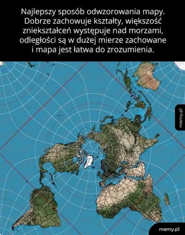 Nietypowa mapa świata zniekształcona tak, że lądy otaczają wodę.