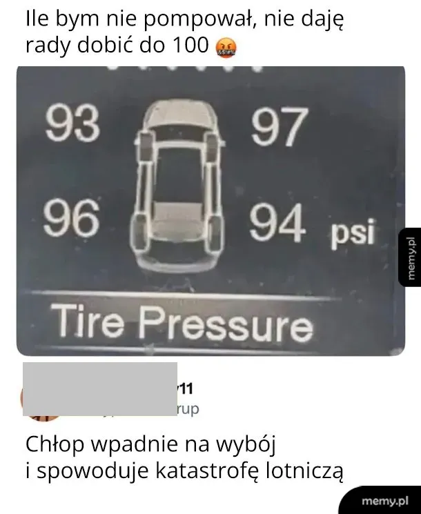 Ekran samochodu pokazujący ekstremalnie wysokie ciśnienie w oponach rzędu 93-97 psi.