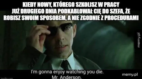 Agent Smith z filmu Matrix zdejmuje okulary z groźną miną.