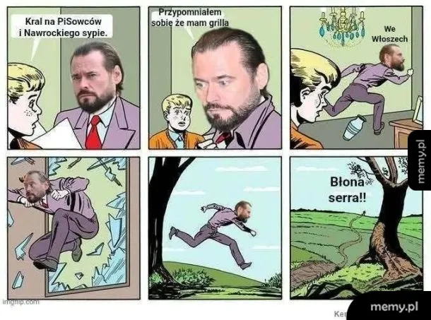 Komiks parodiujący sytuację polityczną, w której postać ucieka po usłyszeniu o grillu.