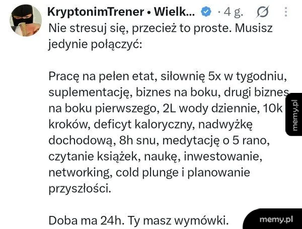 Zrzut ekranu posta z Twittera o toksycznej produktywności i braku czasu.