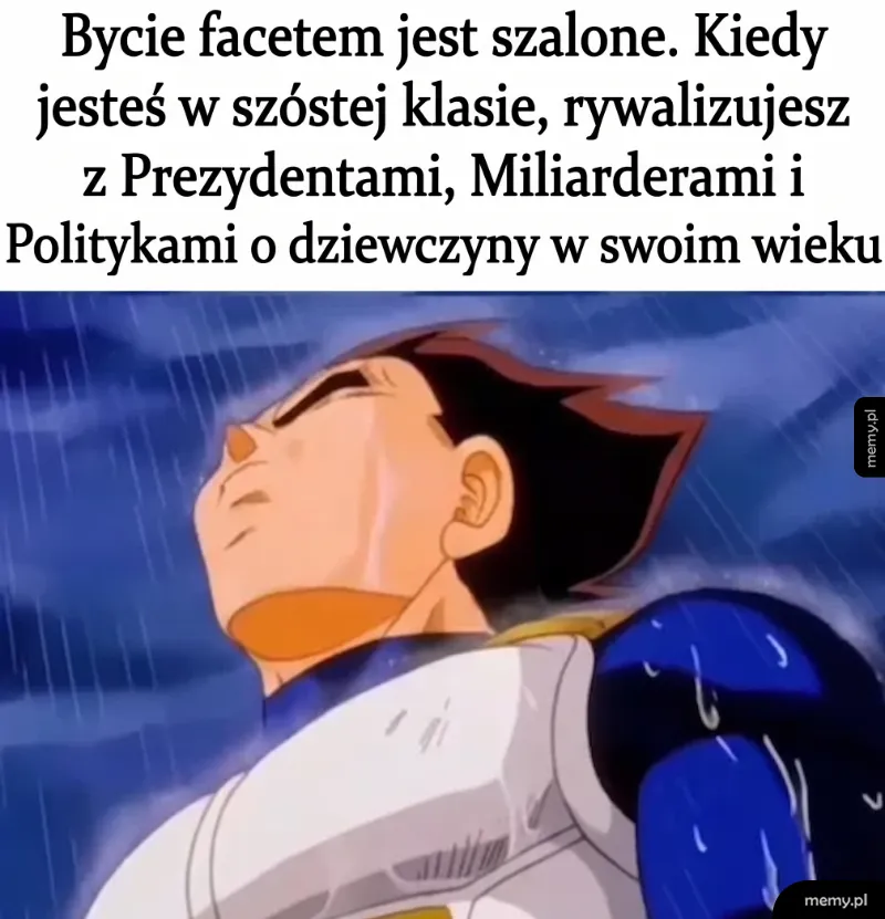 Postać Vegety stojąca w deszczu z tekstem u góry