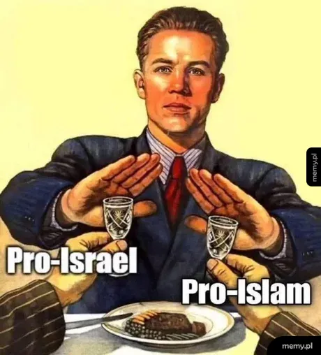 Mężczyzna w garniturze odrzuca kieliszki z napisami Pro-Israel i Pro-Islam