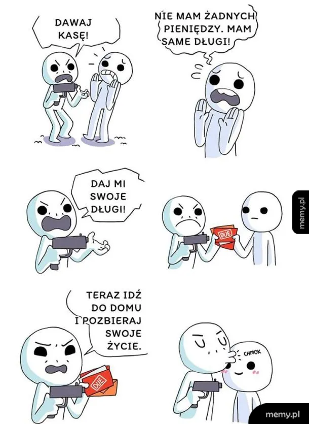 Komiks: bandzior z bronią okrada człowieka z długów, po czym całuje go w czoło.