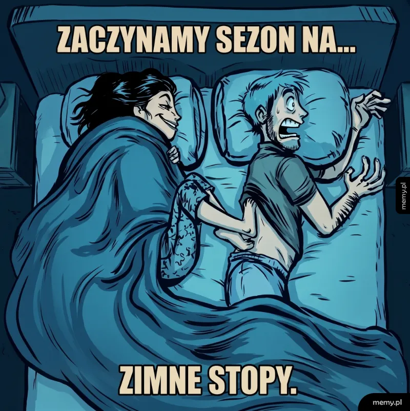 Kobieta dotyka lodowatymi stopami przerażonego mężczyznę w łóżku.