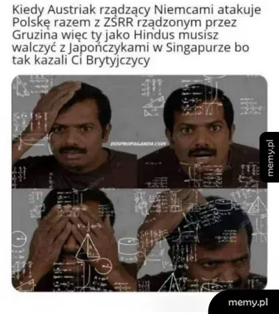 Mężczyzna z zakłopotaną miną na tle skomplikowanych obliczeń matematycznych.