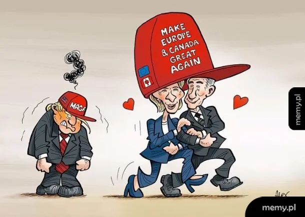 Rysunek satyryczny przedstawiający Donalda Trumpa oraz polityków z wielką czapką z napisem.