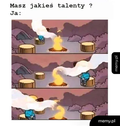 Komiks przedstawiający osobę siedzącą przy ognisku, której dym omija głowę.