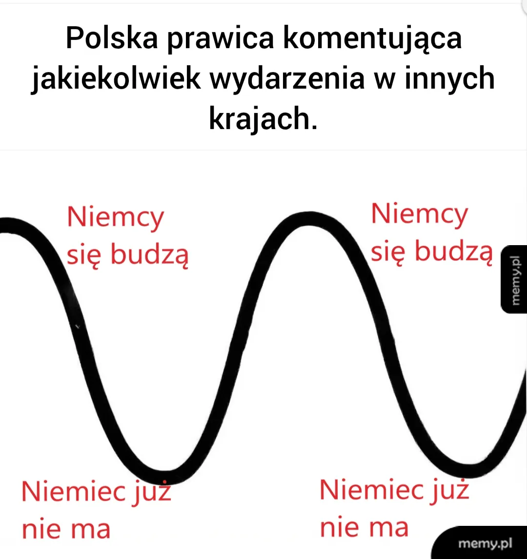 Mem z wykresem falowym i napisem o polskiej prawicy komentującej wydarzenia w Niemczech.