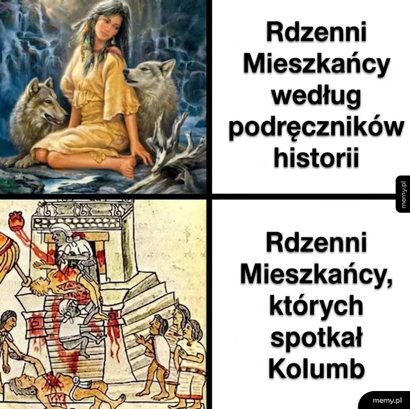 Porównanie wyidealizowanego wizerunku rdzennych mieszkańców z historycznym przedstawieniem ofiar z ludu