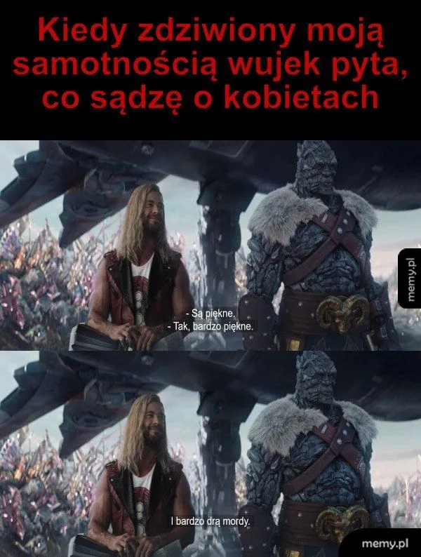 Mem z filmu Marvela z Thorem i Korgiem rozmawiającymi o kobietach.