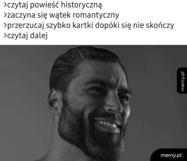 Czarno-biały portret mężczyzny o bardzo wyraźnych rysach twarzy z mema GigaChad.