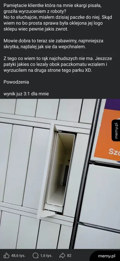 Zrzut ekranu z historią kuriera, który zemścił się na uciążliwej klientce umieszczając paczkę w małej skrytce.