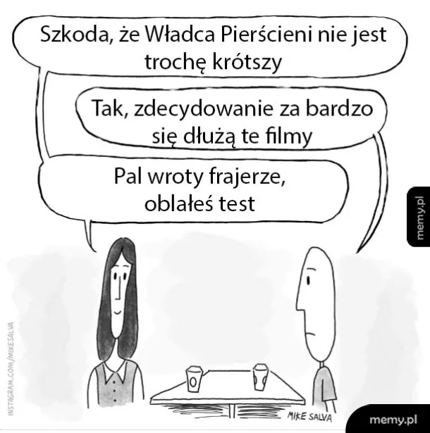 Czarno-biały rysunek komiksowy przedstawiający parę rozmawiającą przy stoliku.