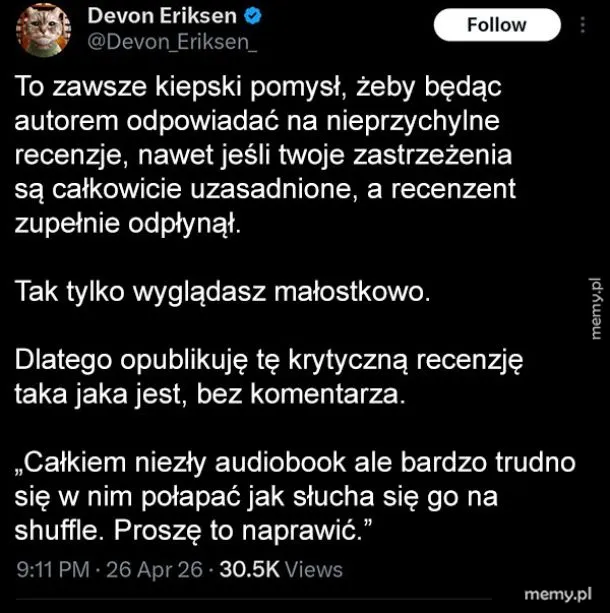 Zrzut ekranu z wpisu na Twitterze użytkownika Devon Eriksen o recenzjach.