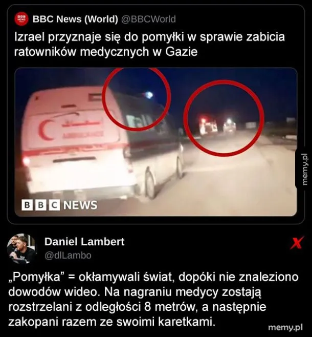 Zrzut ekranu z wpisami na Twitterze dotyczącymi ataku na karetki w Gazie.