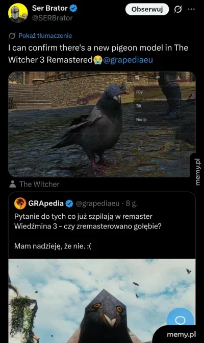 Tweet o nowym modelu gołębia w Wiedźminie 3 Remastered z niskojakościową grafiką ptaka.