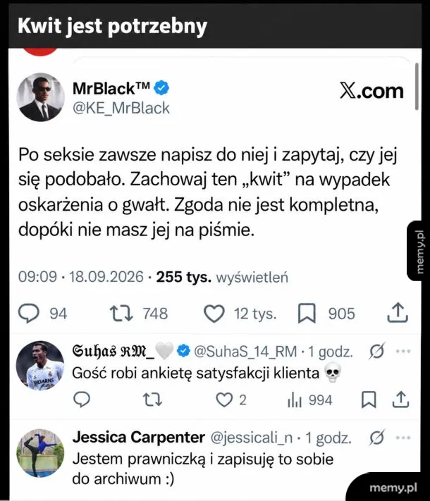 Zrzut ekranu z wpisem z serwisu X na temat dowodów na zgodę na seks i komentarzami użytkowników.