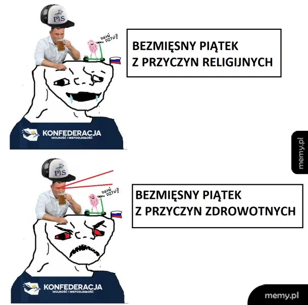 Mem polityczny z postaciami symbolizującymi Konfederację i PiS.