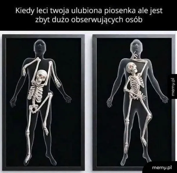 Dwa obrazy przedstawiające szkielety tańczące wewnątrz przezroczystych sylwetek ludzi.