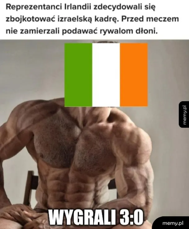 Mężczyzna o potężnej budowie ciała z nałożoną flagą Irlandii na twarzy.