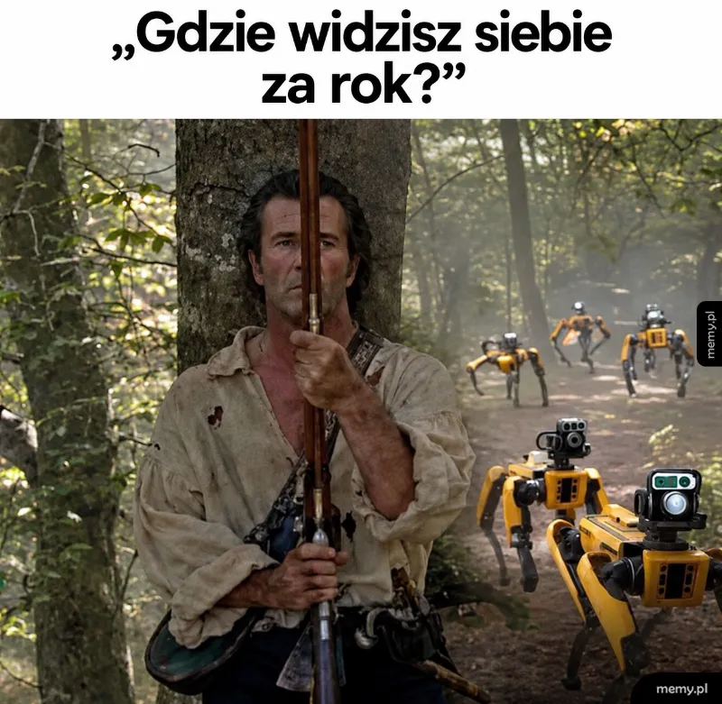 Mel Gibson z filmu Patriota chowa się w lesie przed robopsami.