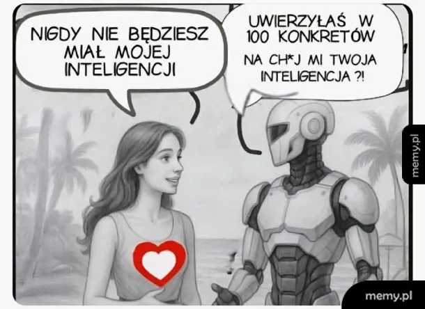 Kobieta rozmawia z robotem na plaży, mem satyryczny.