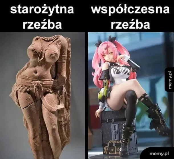 Porównanie starożytnej kamiennej rzeźby kobiecej z nowoczesną figurką anime z różowymi włosami.