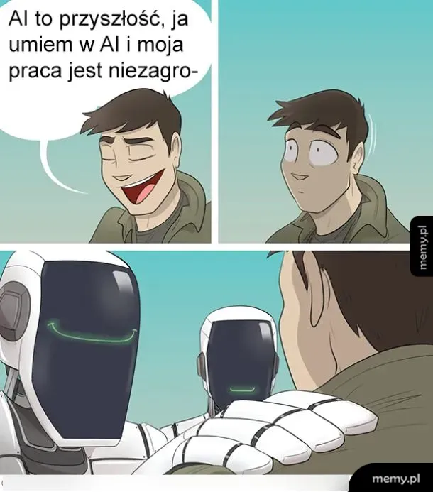 Mężczyzna śmieje się z zagrożenia ze strony AI, po czym zostaje zaskoczony przez roboty.
