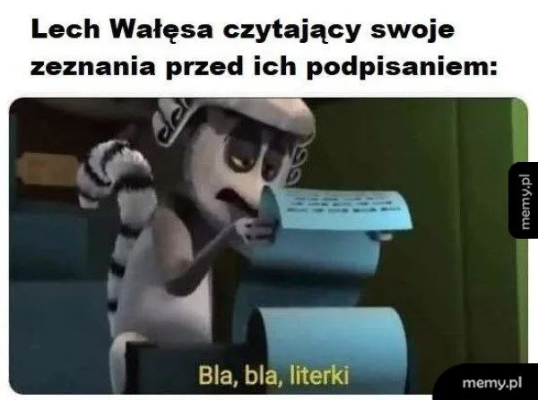 Lemur Mort z Madagaskaru czyta długą rolkę papieru z napisem