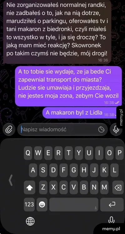 Zrzut ekranu przedstawiający kłótnię pary na komunikatorze o nieudaną randkę.