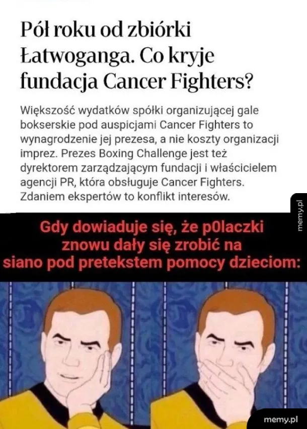 Mem z nagłówkiem o fundacji i postacia ze Star Treka reagującą z niedowierzaniem.