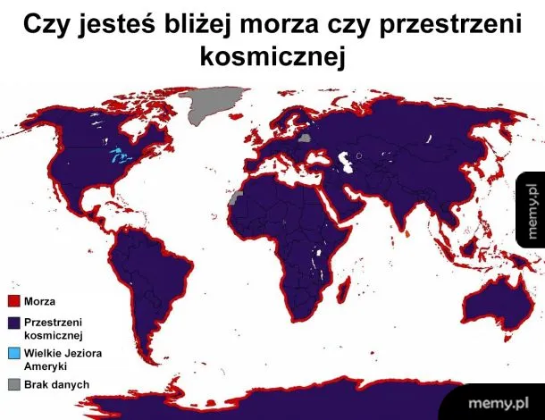 Mapa świata z podziałem na bliskość morza lub przestrzeni kosmicznej